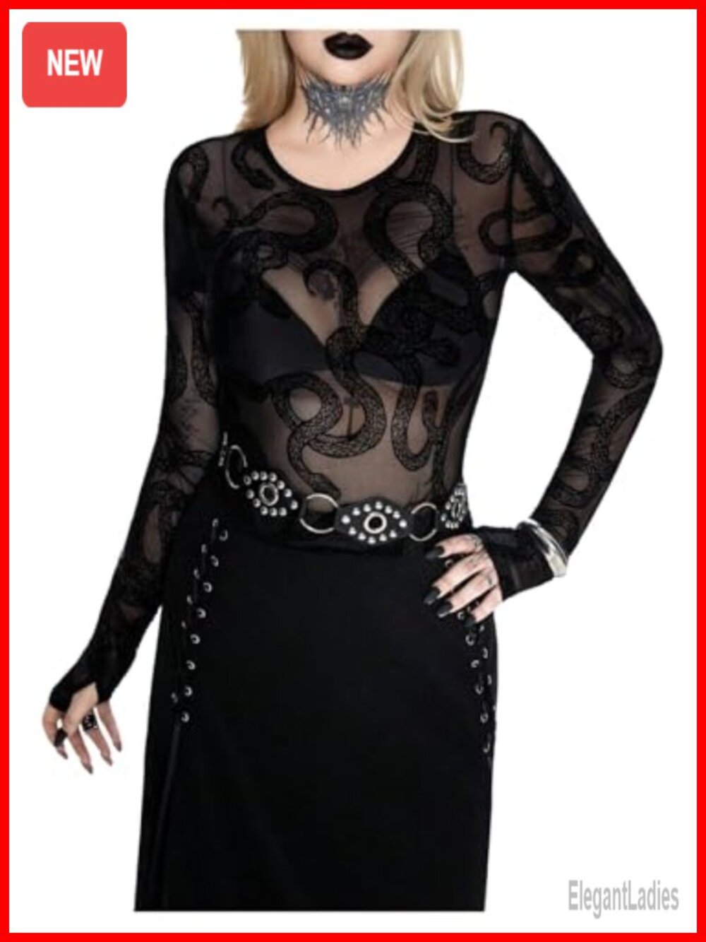 Gothic Graphic Sheer Mesh Long Sleeve T-Shirt Slim Fit